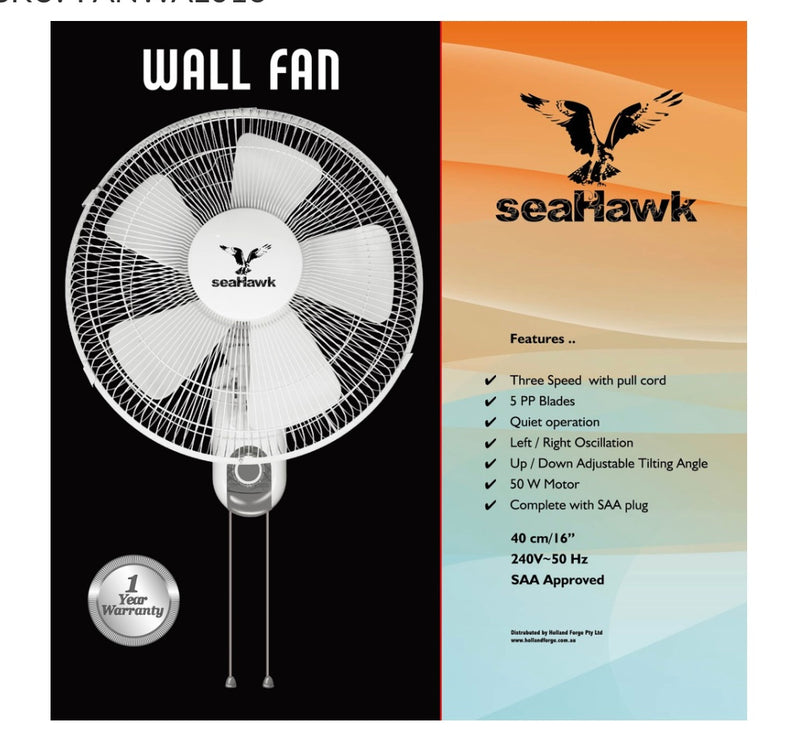 Wall Fan Sea-Hawk Osillating Sixteen Inch - 400mm 50W