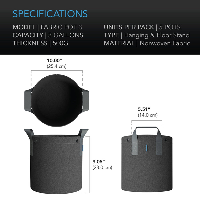 AC Infinity Heavy Duty Fabric Pots, 3 Gallon - 5 pack