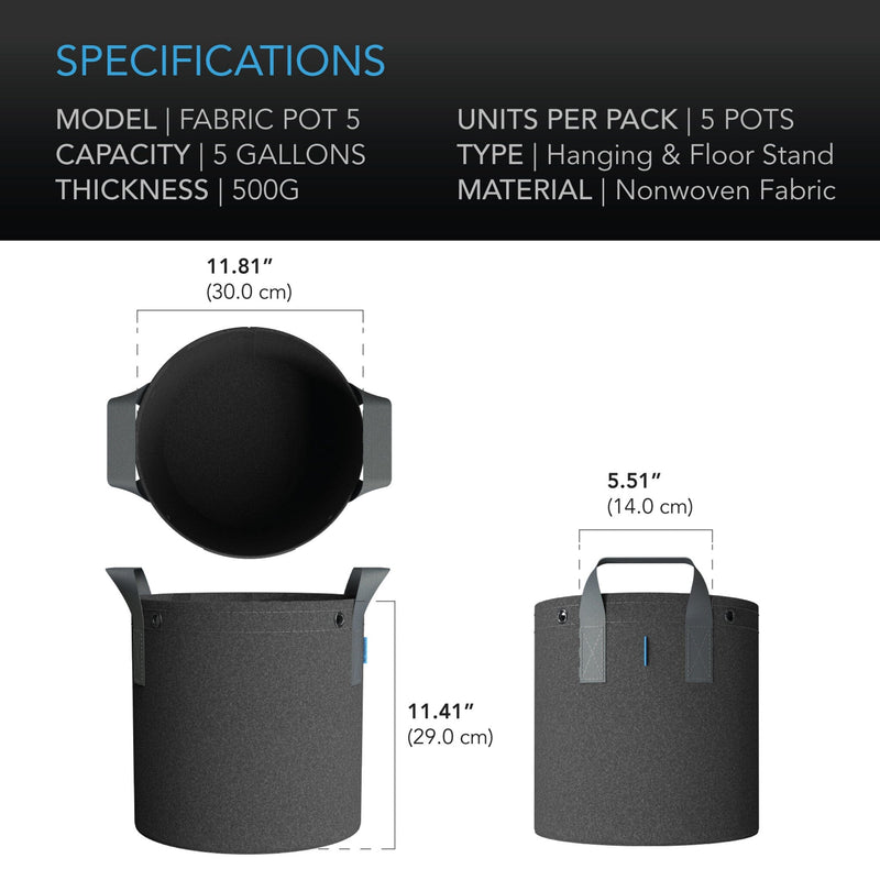 AC Infinity Heavy Duty Fabric Pots, 5 Gallon - 5 pack