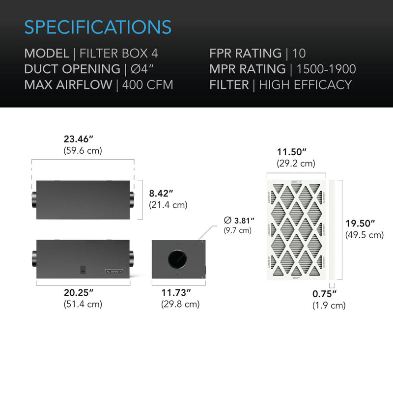 AC Infinity Air Filter Box With High Efficacy Filter - 100 mm | 4 inch