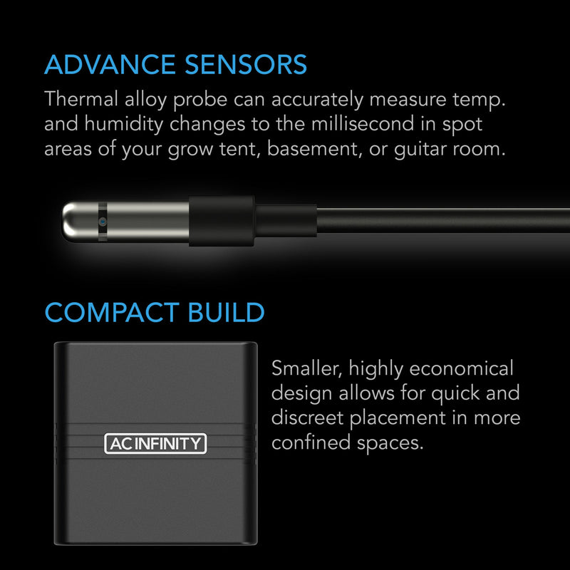 AC Infinity Cloudcom A1 Mini Smart Thermo-Hygrometer With Data App, 12 ft Sensor Probe