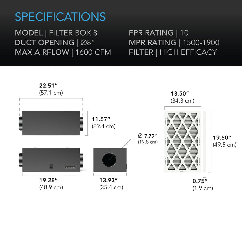 AC Infinity Air Filter Box With High Efficacy Filter - 200mm | 8inch