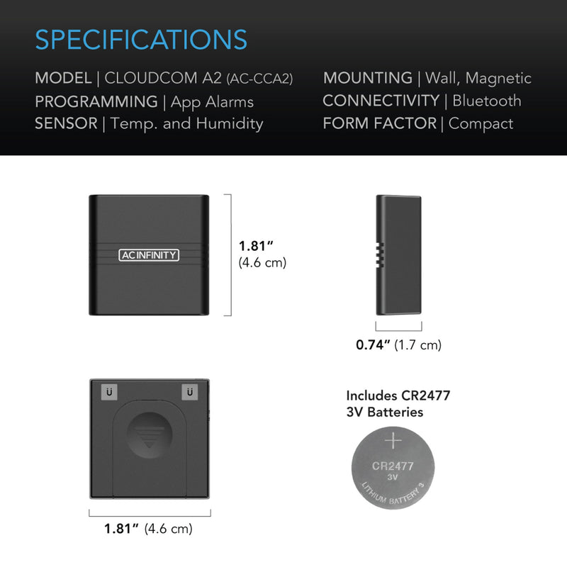AC Infinity Cloudcom A2 Mini Smart Thermo-Hygrometer With Data App - Integrated Sensor Probe