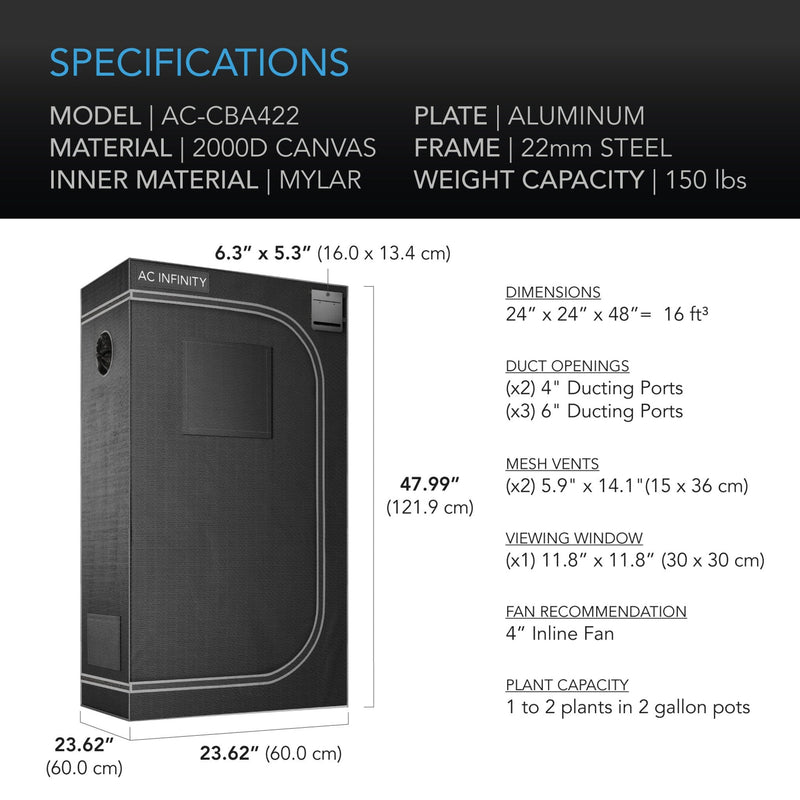AC Infinity Cloudlab 422 Advance Grow Tent 60x60x121cm 2000D Diamond Mylar Canvas
