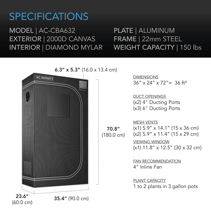 AC Infinity Cloudlab 632 Advance Grow Tent 90x60x180cm - 2000D Diamond Mylar Canvas