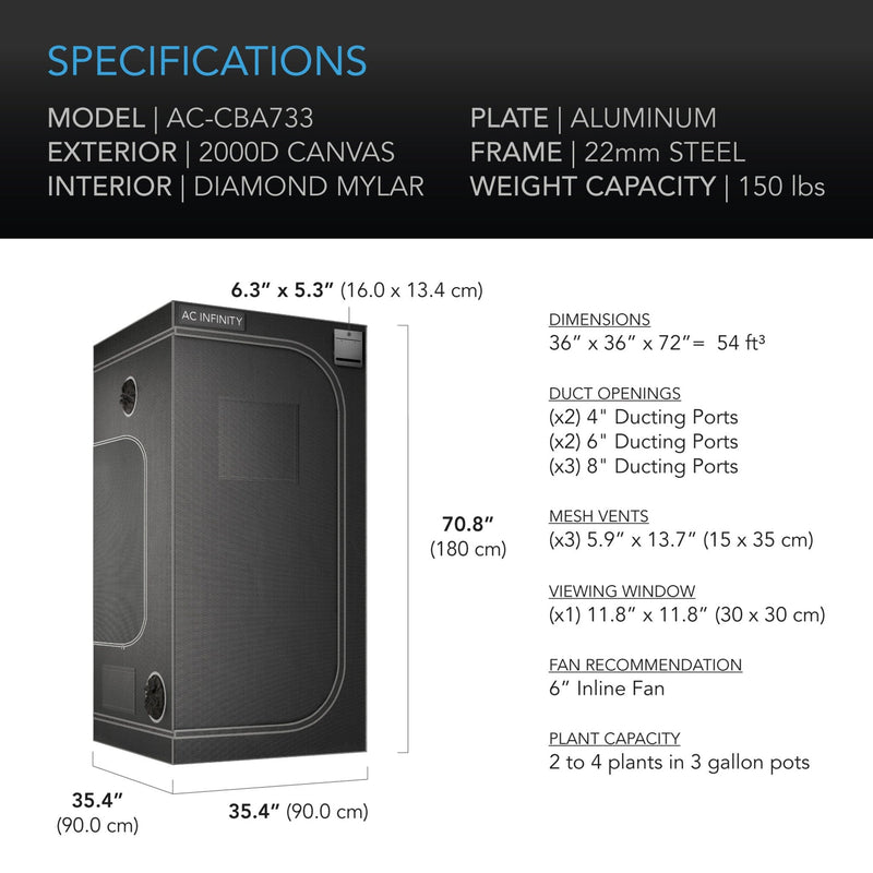 AC Infinity Cloudlab 733 Advance Grow Tent 90x90x180cm 2000D Diamond Mylar Canvas