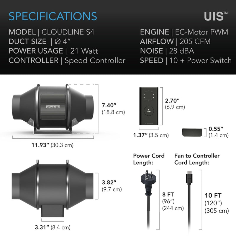 AC Infinity Cloudline PRO S4, Quiet Inline Duct Fan With Speed Controller - 100mm