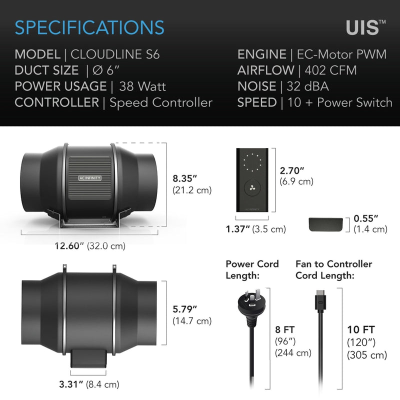 AC Infinity Cloudline PRO S6 Quiet Inline Duct Fan With Speed Controller - 150mm