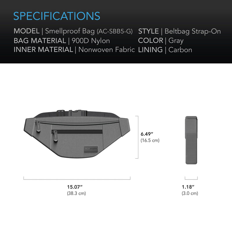 AC Infinity Gray Smell Proof Belt Bag With 900D Nylon Fabric & Carbon Filter Lining