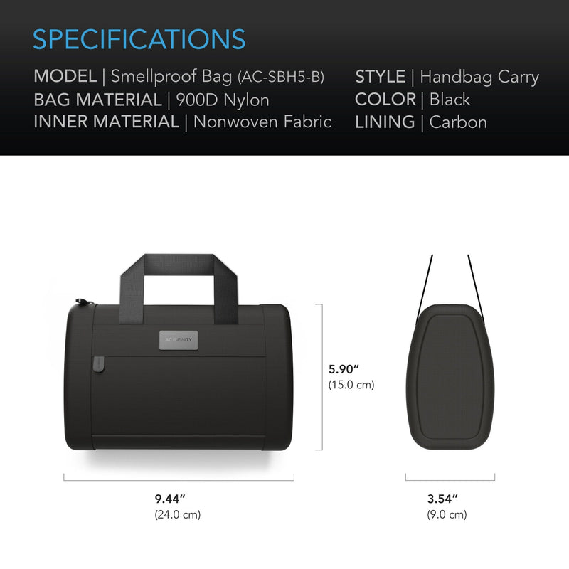 AC Infinity Black Smell Proof HandBag With 900D Nylon Fabric & Carbon Filter Lining