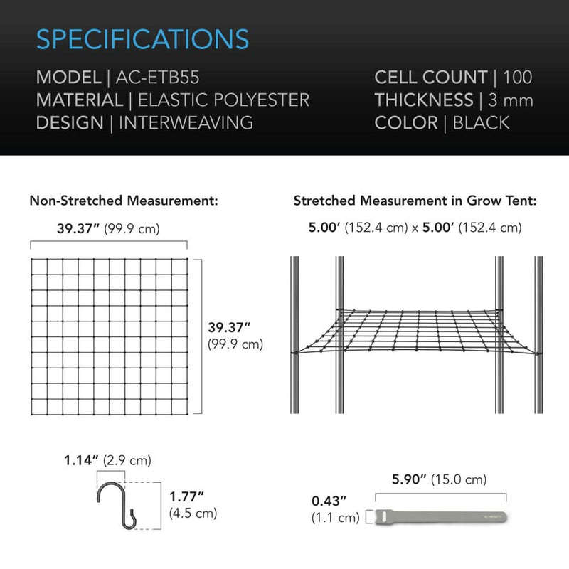 AC Infinity Grow Tent Trellis Netting, Flexible Elastic Cords - 5x5 Feet
