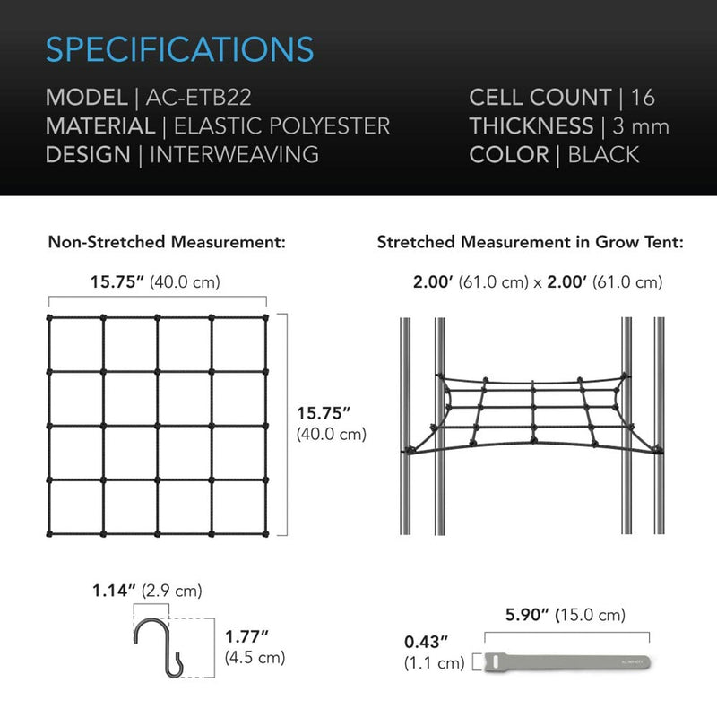 Grow Tent Trellis Netting, Flexible Elastic Cords, 2x2 Feet