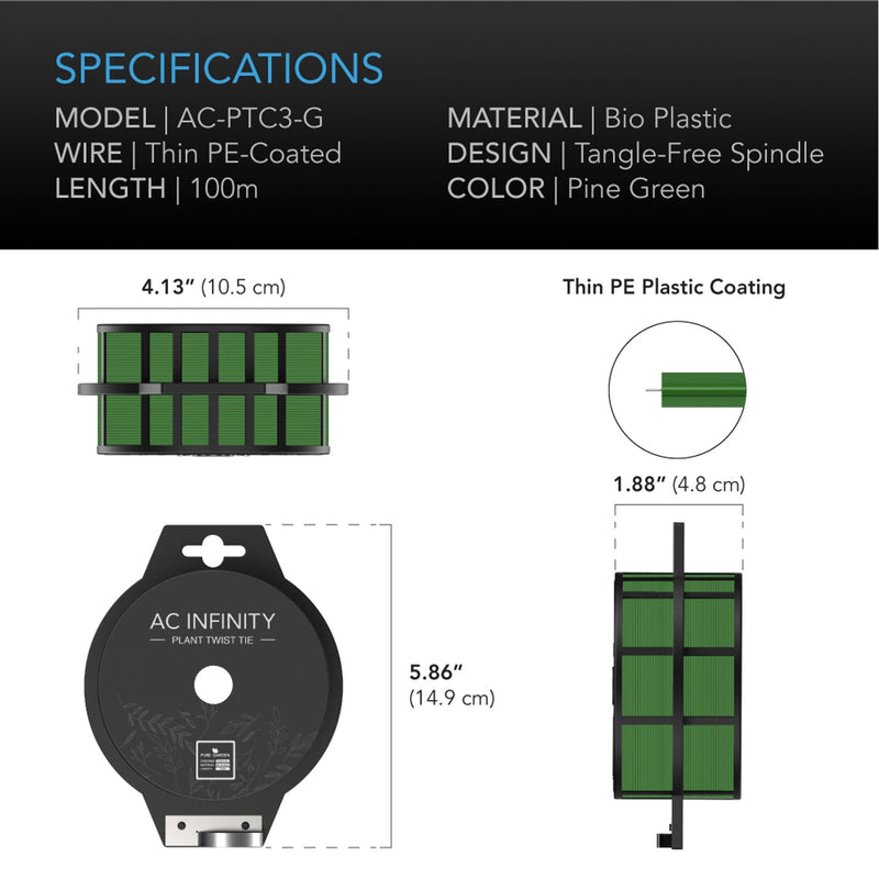 AC Infinity Green Twist Ties With Built-In Cutter - 100m