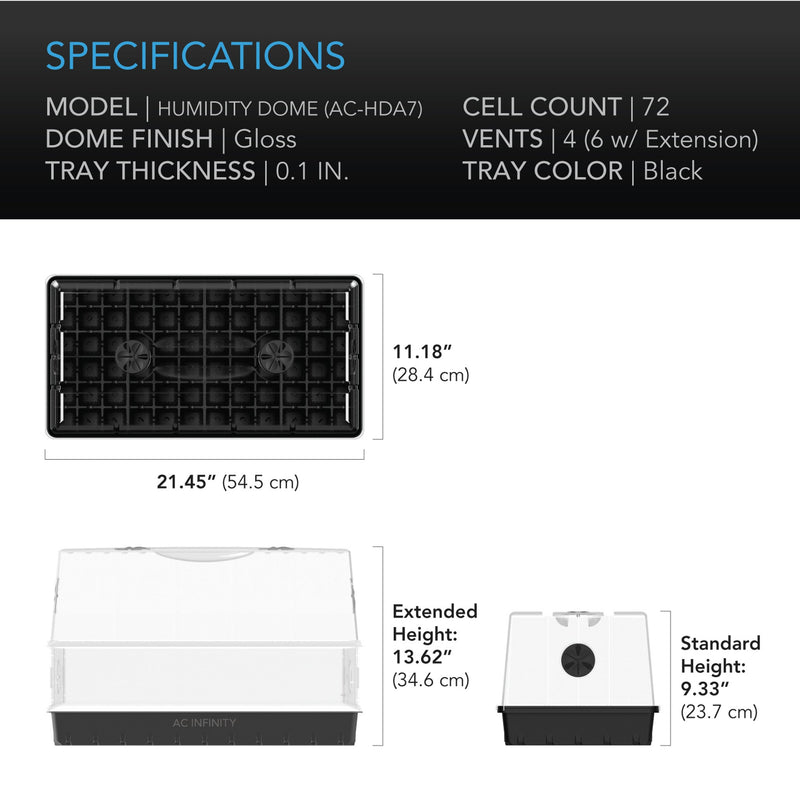 AC Infinity Humidity Dome XL, Propagation Kit, 6x12 Cell Tray with Height Extension