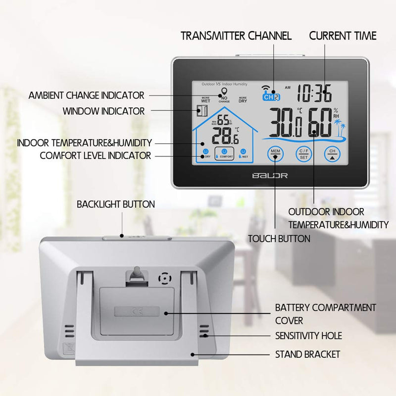 BALDR Wireless Indoor & Outdoor Thermometer Hygrometer (Black