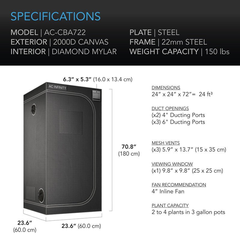 AC Infinity Cloudlab 722 Advance Grow Tent 60x60x182cm 2000D Diamond Mylar Canvas
