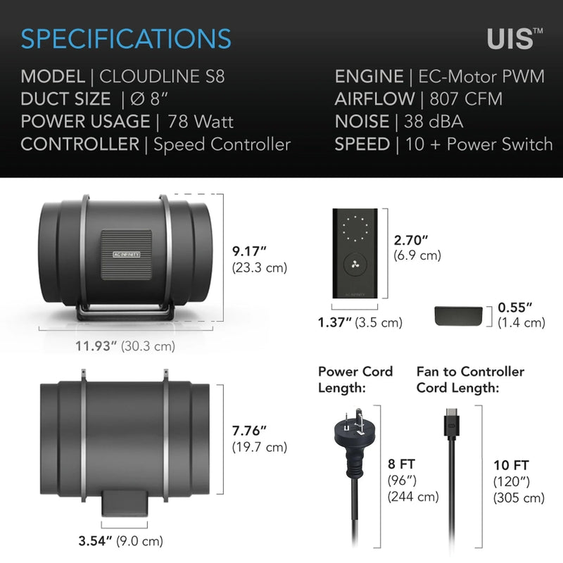 AC Infinity Cloudline PRO S8 Quiet Inline Duct Fan With Speed Controller - 200mm