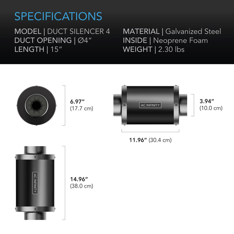 AC Infinity Inline Duct Fan Silencer - 4 Inch | 100mm