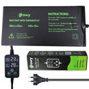 Birds eye view of propagation heat with thermostat, the Australian electrical plug and the box it comes in