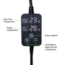 Close up view of the thermostat with text showing the functions of the buttons 