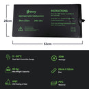 Birds eye view of the heat pad with thermostat with lines on each side showing the dimensions (25cm by 52cm)