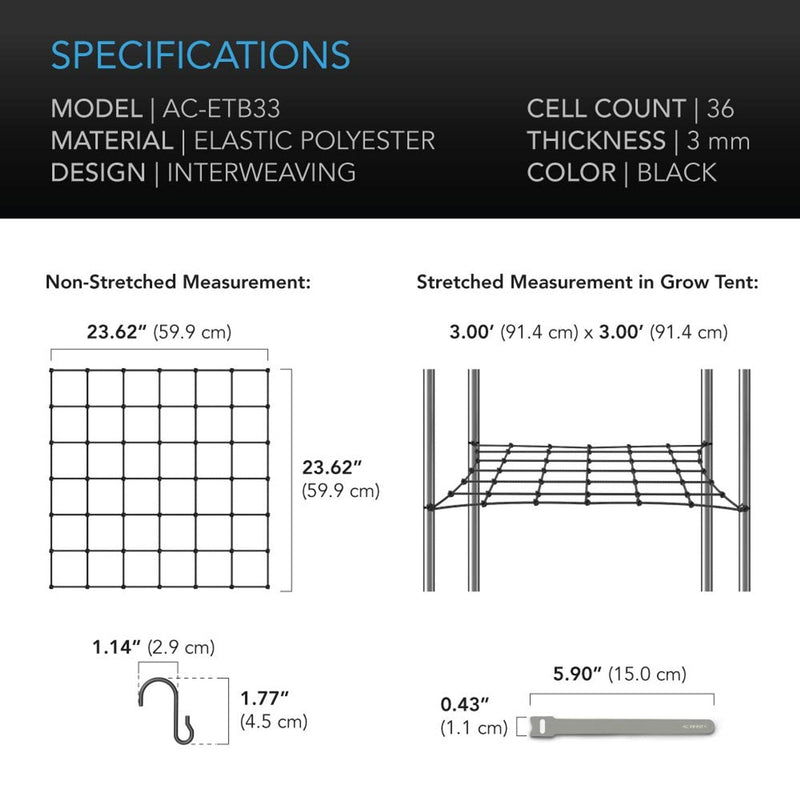 AC Infinity Grow Tent Trellis Netting, Flexible Elastic Cords - 3x3 Feet