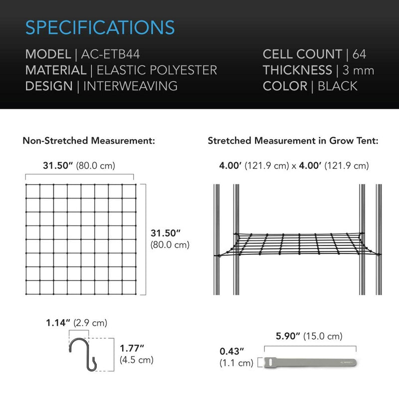 AC Infinity Grow Tent Trellis Netting, Flexible Elastic Cords - 4x4 Feet